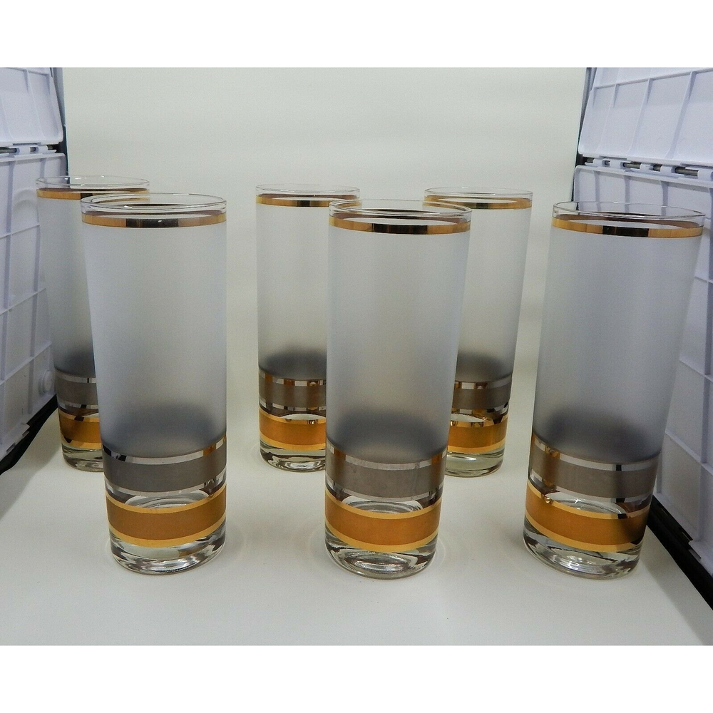 Culver Ltd Frosted Highball Collins Glass Silver Copper Gold Band Set of 6